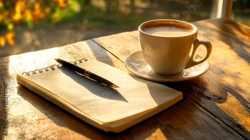 A cup of coffee and a notebook on a wooden table in morning light