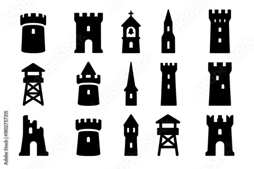 Iconic Tower Silhouettes. Solid style icons of towers: round watchtower, square tower, bell tower, clock tower, lookout tower,