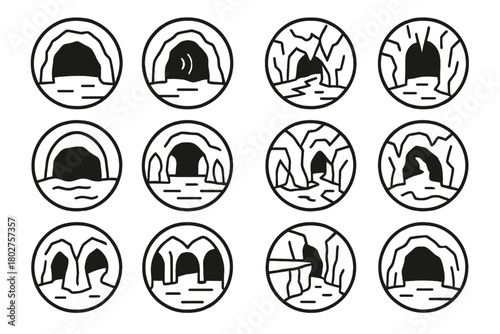 Cave Chamber Icons. Line style icons of cave chambers in round shape: wide cavern, echo chamber, dark tunnel, vertical shaft; rock