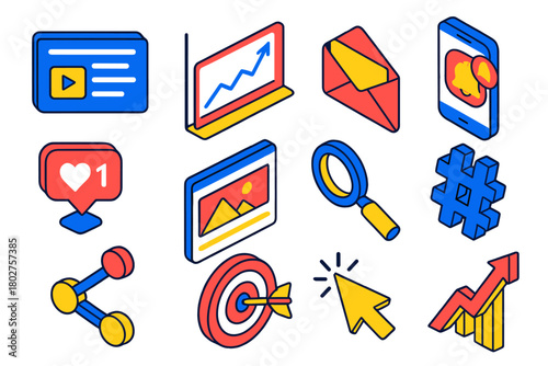 Digital Marketing Icons. Isometric vector illustration set Digital Marketing Icons: social media ad, analytics chart, email