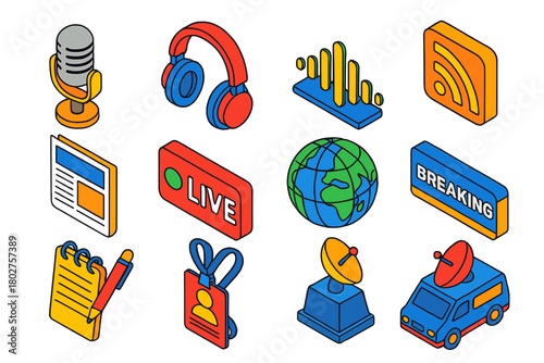 News Podcast Icons. Isometric vector illustration set News Podcast Icons: microphone, headphones, waveform, RSS feed icon, news