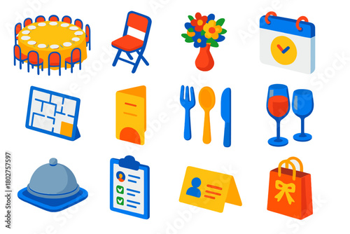 Event Setup Icons. Isometric vector illustration set Hospitality Event Setup Icons: banquet table, folding chair, floral