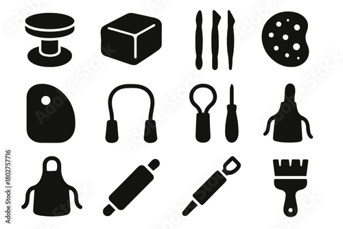 Pottery Tools Icons. Solid style icons of Pottery tools: pottery wheel, clay block, sculpting tools, sponge, rib tool, wire cutter