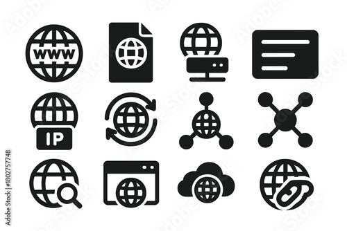 Domain Icon Set. Solid style icons of domains: globe with www, domain registration, server globe, DNS record, IP address globe,