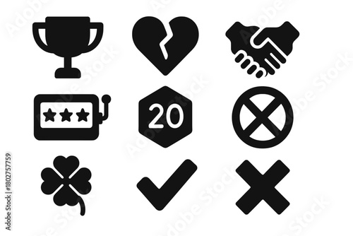 Probability Icons. Solid style icons of Probability and outcomes: win, lose, draw, tie, jackpot, critical roll, chance icon,