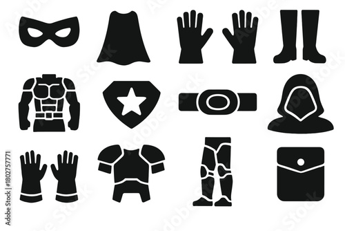 Superhero Gear Icons. Solid style icons of Superhero attire: mask, cape, gloves, boots, armored suit, chest emblem, belt, hood,