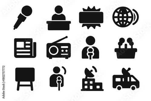 News Icons Collection. Solid style icons of news broadcast: microphone with news label, reporter desk, breaking news symbol, globe