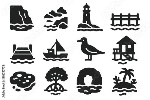 Coastal Scenery Icons. Solid style icons of coastal scenery: cliff, rocky shore, lighthouse, pier, wooden dock, fishing boat,