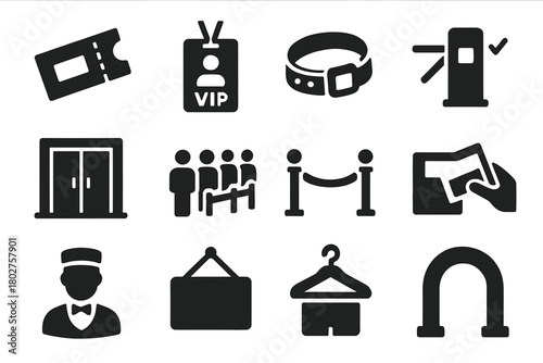 Concert Entry Icons. Solid style icons of Concert tickets and entry: ticket stub, VIP pass, wristband, turnstile, entrance door,