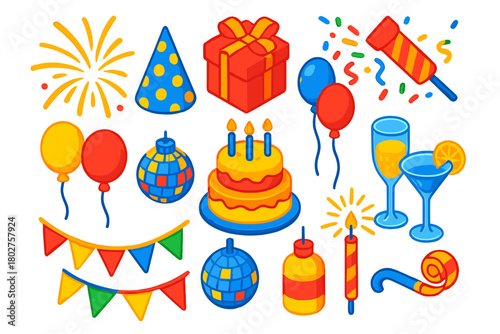 Vibrant Celebration Icons. Isometric vector illustration set celebration elements: golden fireworks explosion, polka dot party hat