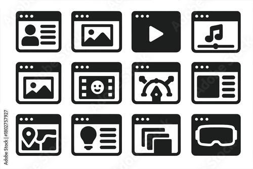 Creative Websites Icons. Solid style icons of creative websites: portfolio page, art gallery, video page, music streaming site,