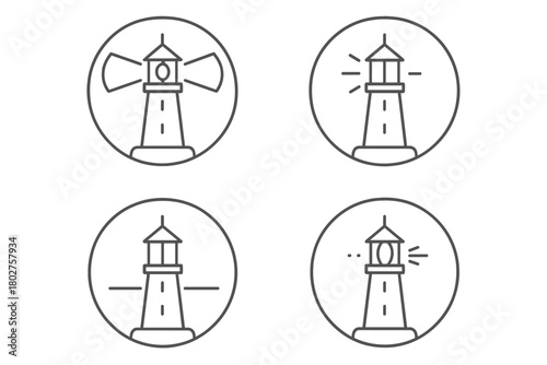 Lighthouse Signal Icons. Line style icons of lighthouse signals in round shape: rotating beam, flashing light, steady light, coded