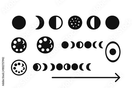 Lunar Phases Icons. Solid style icons of Lunar phases: new moon phase, waxing crescent, first quarter, waxing gibbous, full moon