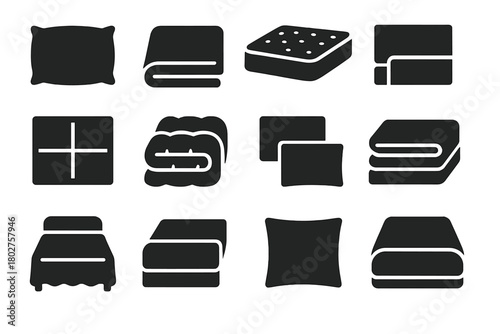 Bedding Accessories Icons. Solid style icons of Bedding accessories: pillow, blanket, mattress, bedsheet, quilt, comforter,