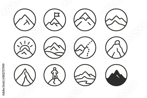 Mountain Peak Icons. Line style icons of summits and peaks in round shape: mountain summit, flag on peak, snow-covered peak, ridge