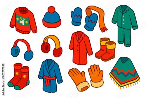 Winter Clothing Icons. Isometric vector illustration set Seasonal Clothing Icons: Christmas sweater, wool hat, mittens, scarf,