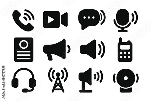 Communication Sound Icons. Solid style icons of communication sound: phone speaker, video call audio, chat bubble with sound,