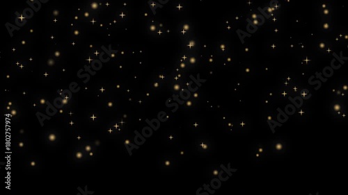  abstract gold glitter stars particles and bokeh overlay on black background. Falling Gold shiny stars and particles confetti for party celebration . abstract background with stars