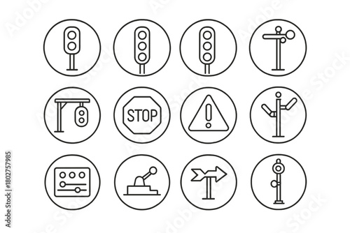 Railway Signal Icons. Line style icons of railway signals in round shape: red signal, green signal, semaphore arm, lighted signal;