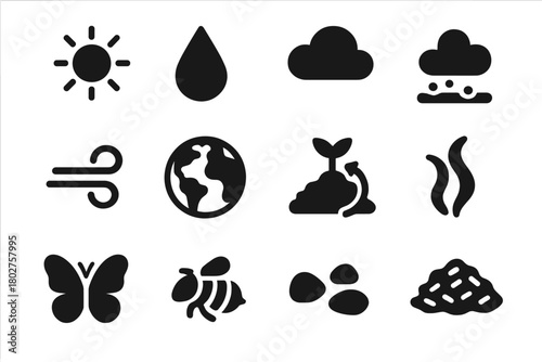 Nature Elements Icons. Solid style icons of Nature elements: sun, rain droplet, cloud, soil, wind, earth, compost, water stream,