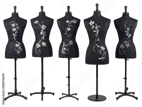 Five elegant black mannequins adorned with delicate floral patterns, displayed in a row.