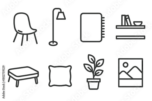 Minimalist Room Icons. Line style icons of Minimalist Room: Chair, Floor Lamp, Rug, Shelf, Low Table, Cushion, Plant, Wall Art, No