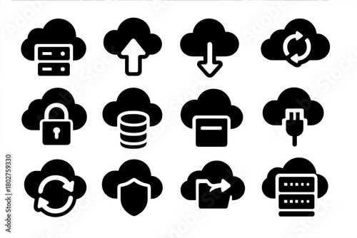 Cloud Storage Icons. Solid style icons of cloud data storage: cloud server, upload arrow, download arrow, cloud sync, secure lock,
