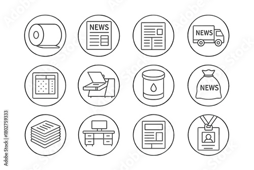 Newspaper Printing Icons. Line style round vector icons of Newspaper Printing: Newsprint Roll, Headline Banner, Column Layout,