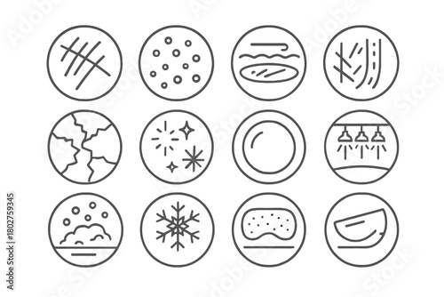 Ice Rink Icons. Line style icons of ice texture and environment in round shape: skate scratches, puck marks, fresh ice, Zamboni