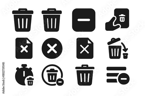 Solid Delete Icons. Solid style icons of delete actions: trash bin icon, trash can with lid, delete button, swipe to delete,