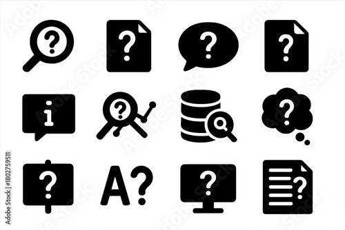 Query Icons Collection. Solid style icons of Queries: magnifier with question, document with question, search bubble, unknown file