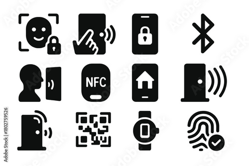 Keyless Entry Icons. Solid style icons of keyless access: face ID unlocked, tap to open icon, mobile unlock, Bluetooth entry,