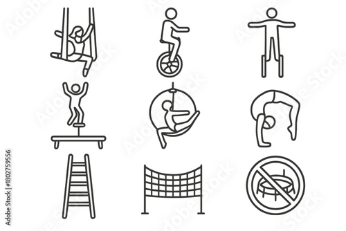 Acrobatics Icon Set. Line style icons of Acrobatics: aerial silks, unicycle, stilts, trampoline, hoop, contortionist, ladder,