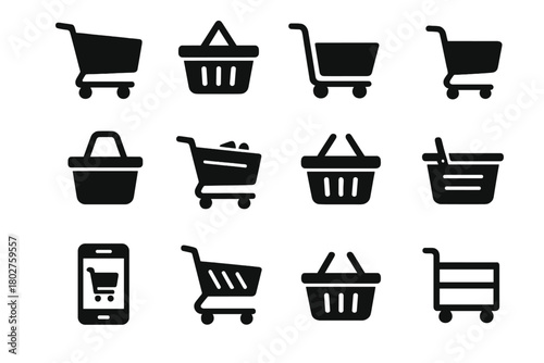 Shopping Icon Set. Solid style icons of Shopping containers: shopping cart, basket, trolley, handheld basket, full cart, empty
