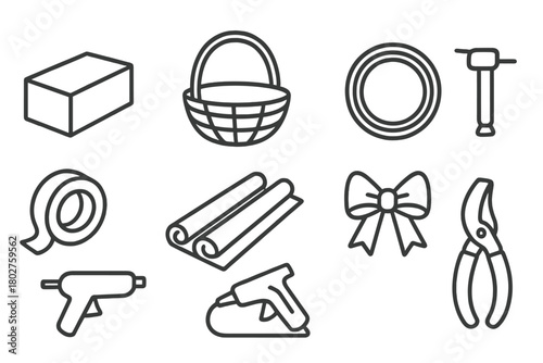 Flower Arranging Tools. Line style icons of Flower arranging: foam block, basket, wire, tape, wrapping paper, bow, glue gun,