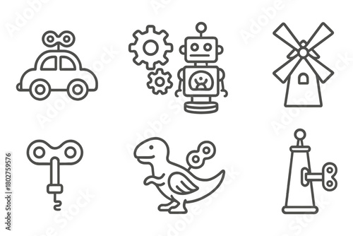 Set of six black and white icons of various toys and machines