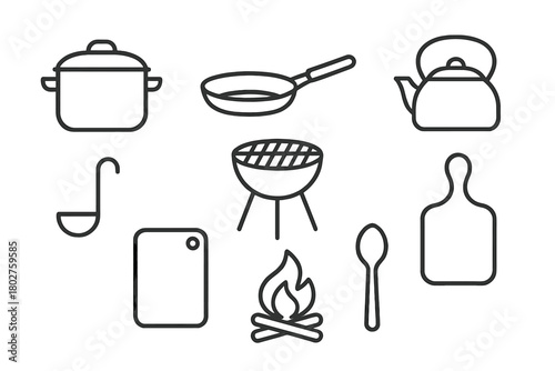 Camp Cooking Icons. Line style icons of Camp cooking: pot, pan, grill, kettle, ladle, cutting board, spoon, fire pit, No text, No