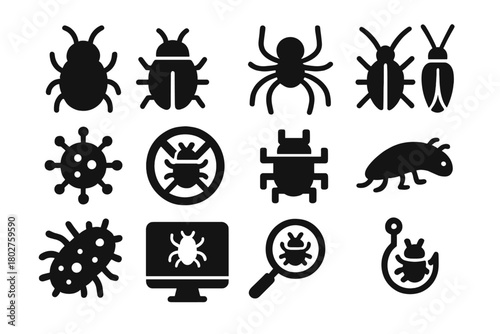 Bug Icon Collection. Solid style icons of Bugs: insect bug, beetle bug, spider bug, cockroach symbol, virus bug, malware insect,