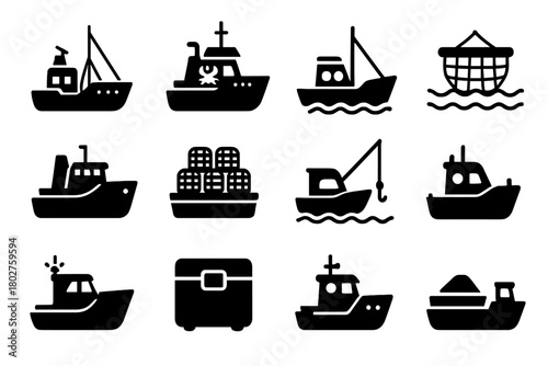 Solid Fishing Vessel Icons. Solid style icons of fishing and utility vessels: fishing trawler, crab boat, small fishing vessel,