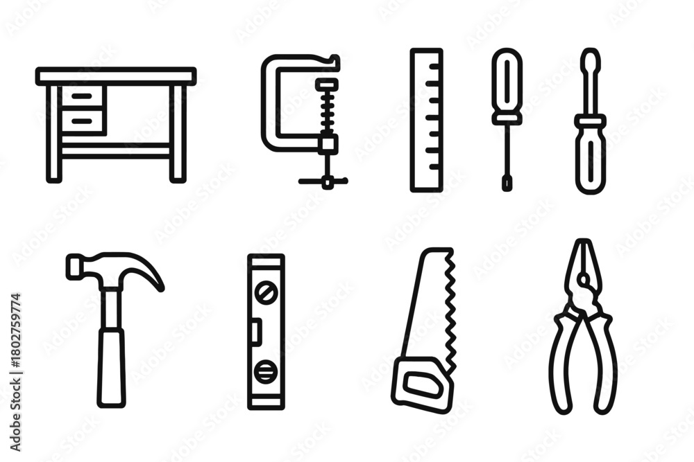 Fototapeta premium Workshop Tools Icons. Line style icons of Workshop Tools: Workbench, Clamp, Ruler, Screwdriver, Hammer, Level, Saw, Pliers, No