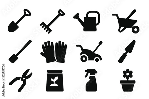 Gardening Tools Icons. Solid style icons of Gardening equipment: shovel, rake, watering can, wheelbarrow, hoe, garden gloves, lawn
