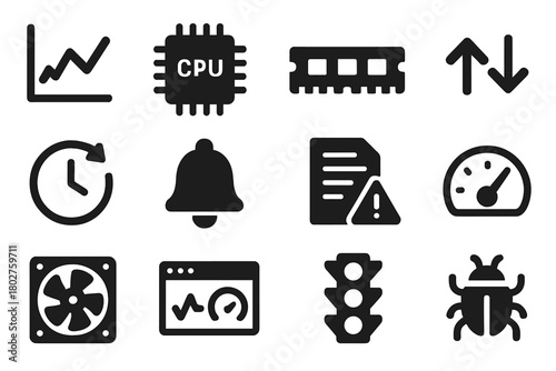 System Monitoring Icons. Solid style icons of system monitoring: performance chart, CPU usage, RAM bar, network activity, uptime