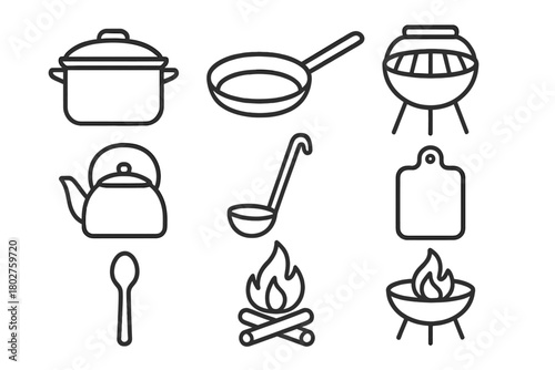 Camp Cooking Icons. Line style icons of Camp cooking: pot, pan, grill, kettle, ladle, cutting board, spoon, fire pit, No text, No