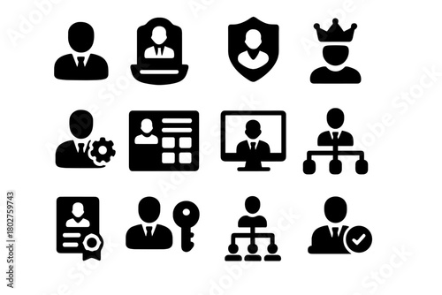 Solid Admin Icons. Solid style icons of Administrators: admin avatar, admin badge, admin shield, admin crown, admin with gear,