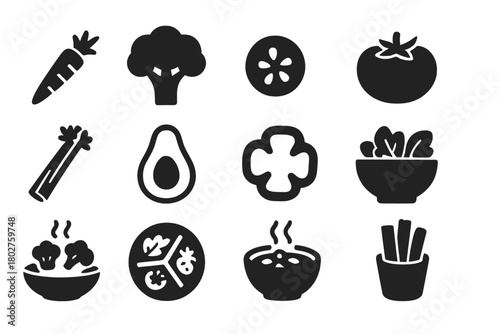 Healthy Food Icons. Solid style icons of Healthy food: carrot stick, broccoli floret, sliced cucumber, fresh tomato, celery stalk,