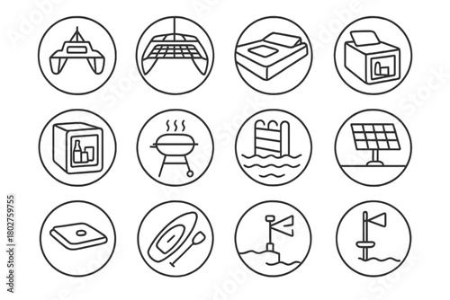 Catamaran Life Essentials. Line style round vector icons of Catamaran Life: Twin Hulls, Trampoline Net, Sun Deck, Mini Fridge;