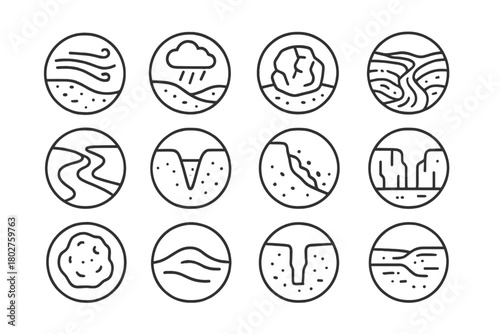 Erosion and Weathering Icons. Line style icons of erosion and weathering in round shape: wind erosion, rain impact, rock cracking,
