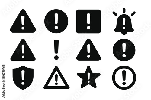Warning Symbols Icons. Solid style icons of Warning symbols: triangle with exclamation mark, circular warning, square alert,