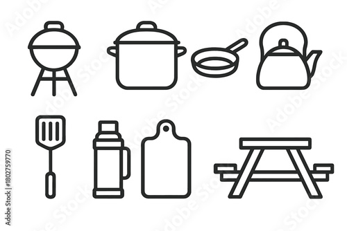 Outdoor Cooking Icons. Line style icons of Outdoor cooking: grill, pot, pan, kettle, spatula, thermos, cutting board, picnic table
