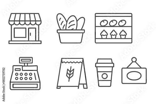 Bakery Line Icons. Line style icons of Bakery shop: storefront, bread basket, display case, cash register, chalkboard menu, paper